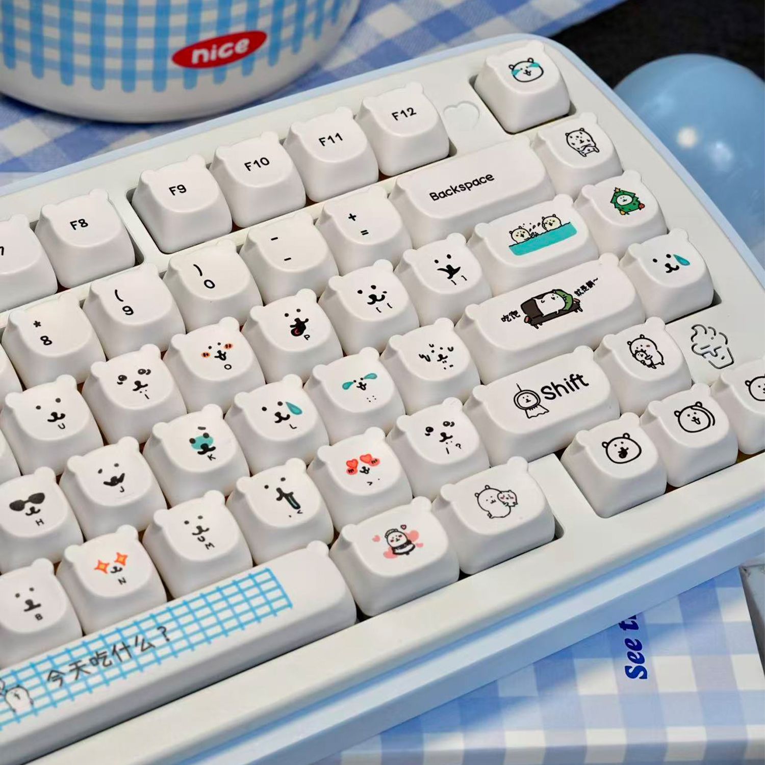 Gaming Keyboard Ergo - Teclas PBT Kawaii Cartoon Joke Bear